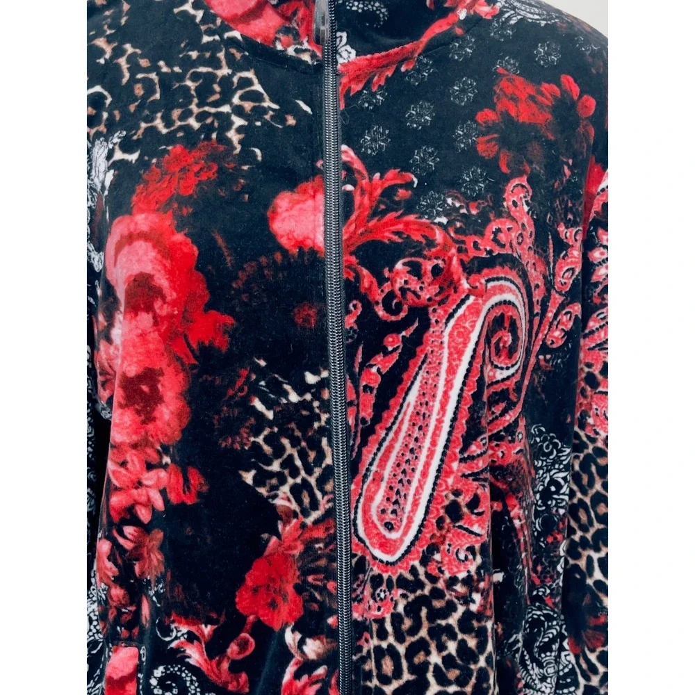 Onque Casual Jacket XL Paisley Leopard Print Red Black Mock Neck Gothic Romantic